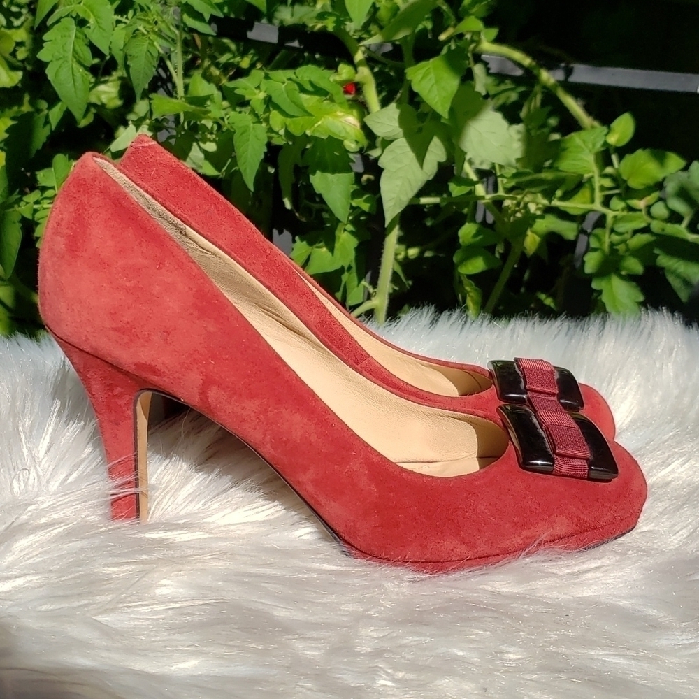 Joan & David red suede pumps with bow